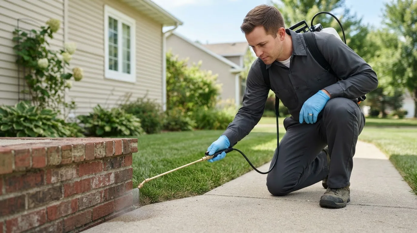 Pest control technician treating a home near Bates, OR